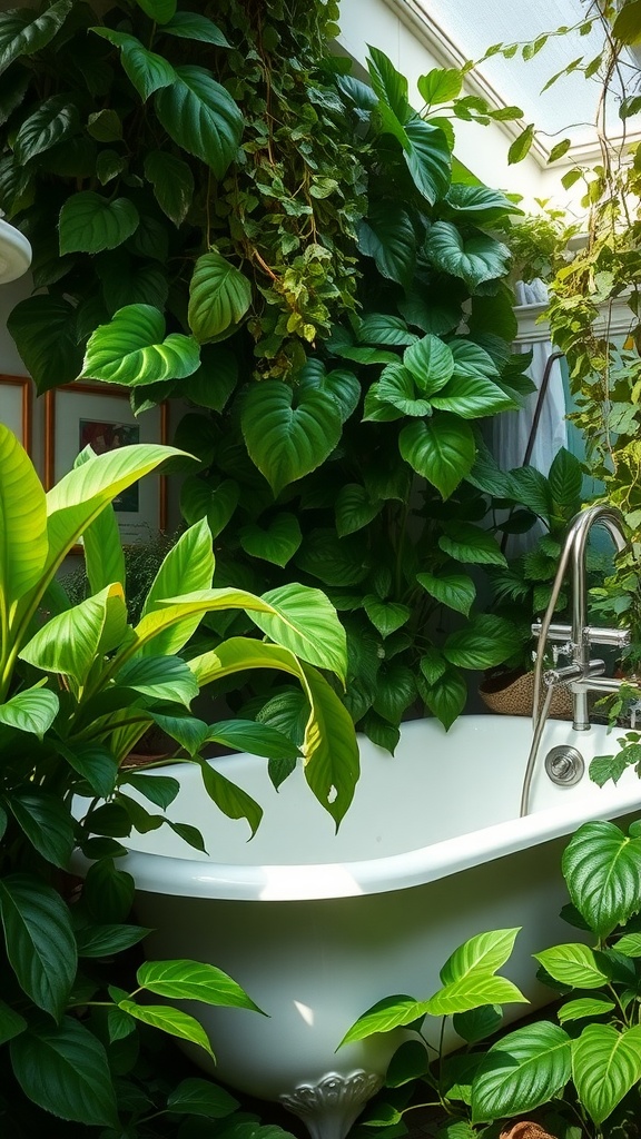 A cozy bathroom with a vintage tub surrounded by lush green plants.