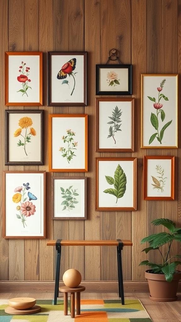 Gallery wall featuring framed botanical prints and nature motifs.