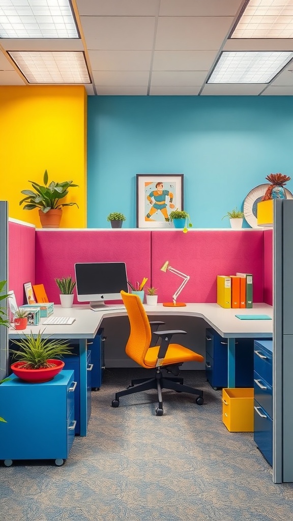 A bright and colorful office cubicle with a mix of yellow, blue, and pink walls, an orange chair, and various plants.