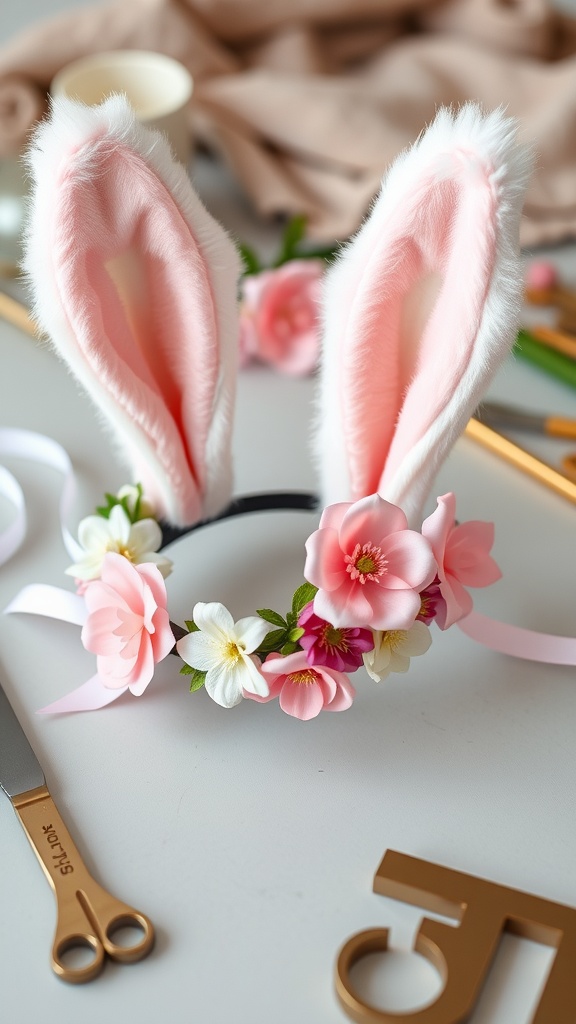 A bunny ears headband decorated with pink flowers and soft fabric ears