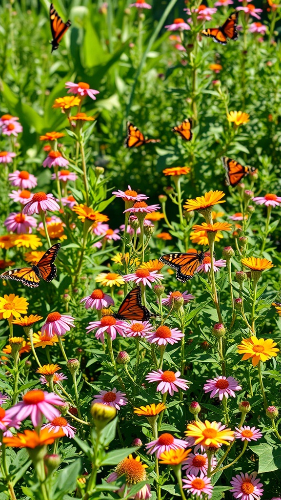 A vibrant garden filled with colorful flowers and butterflies.