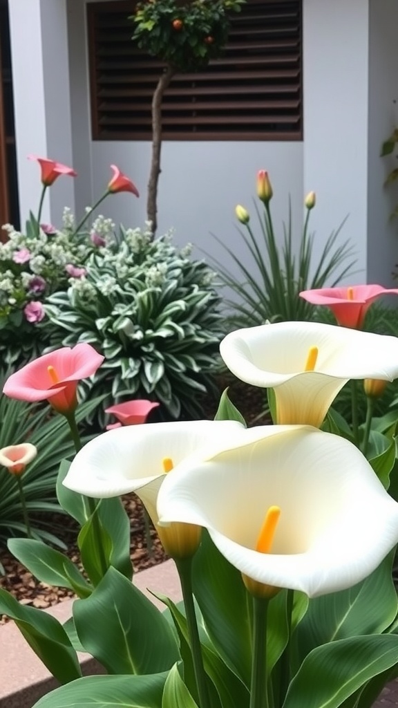 A garden featuring beautiful white and pink calla lilies with lush green leaves.