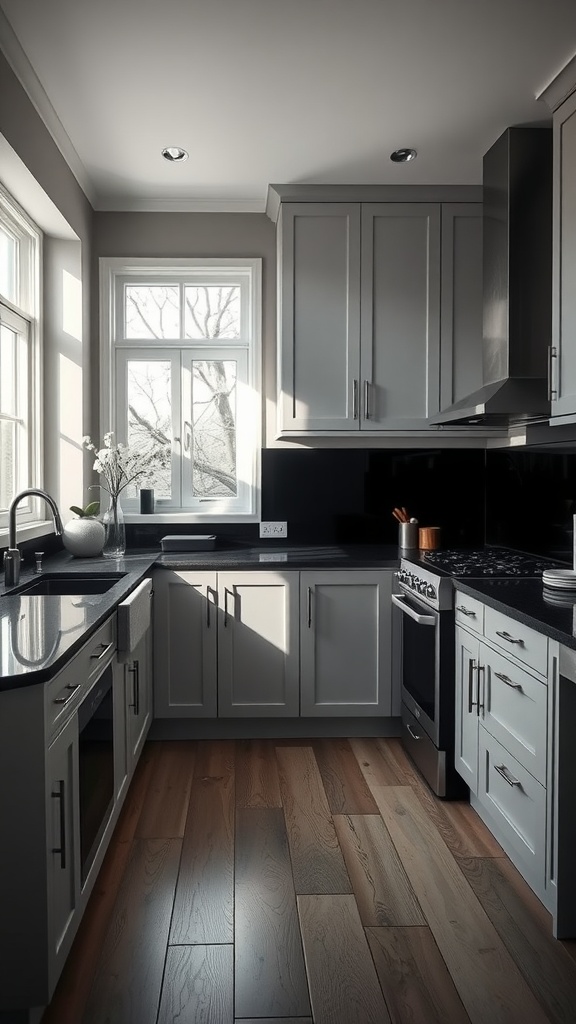 A modern kitchen featuring gray cabinets and black countertops, with large windows allowing natural light to fill the space.