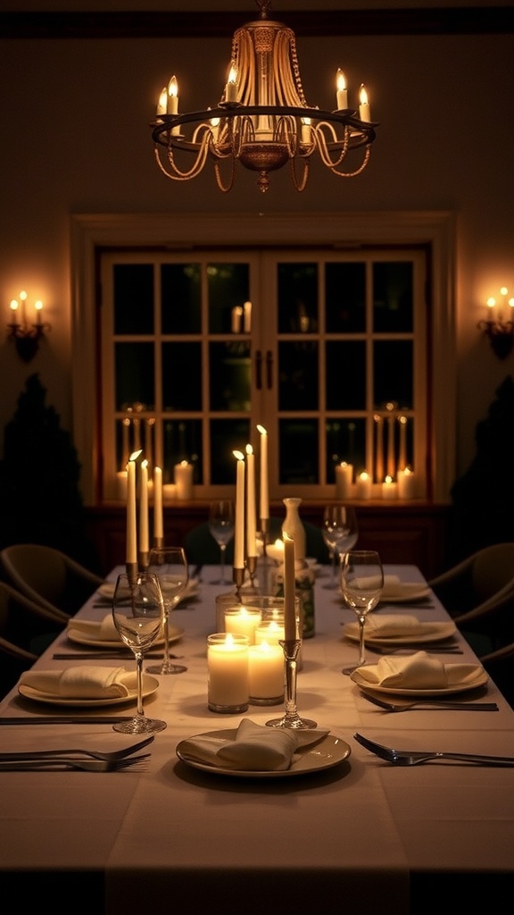 A beautifully set dining table with candles creating warm lighting for an intimate dinner.