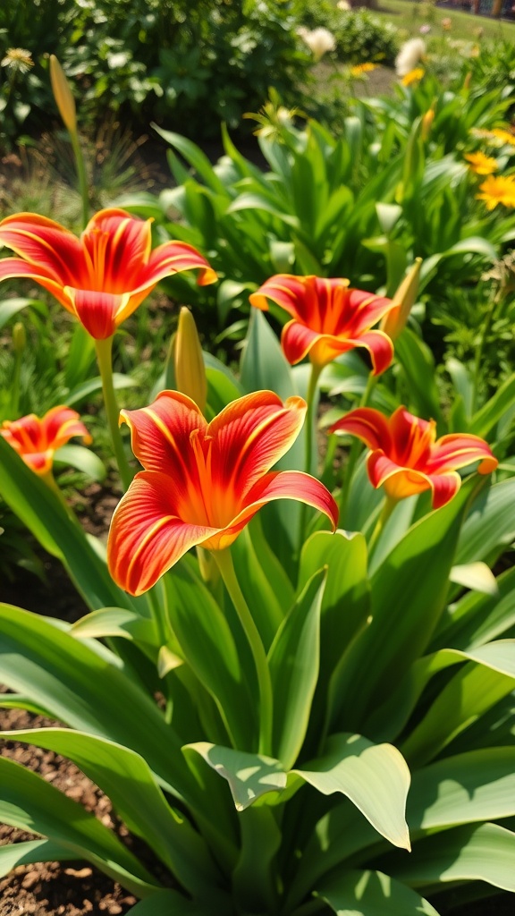 Canna lilies with bright red and orange flowers surrounded by green foliage