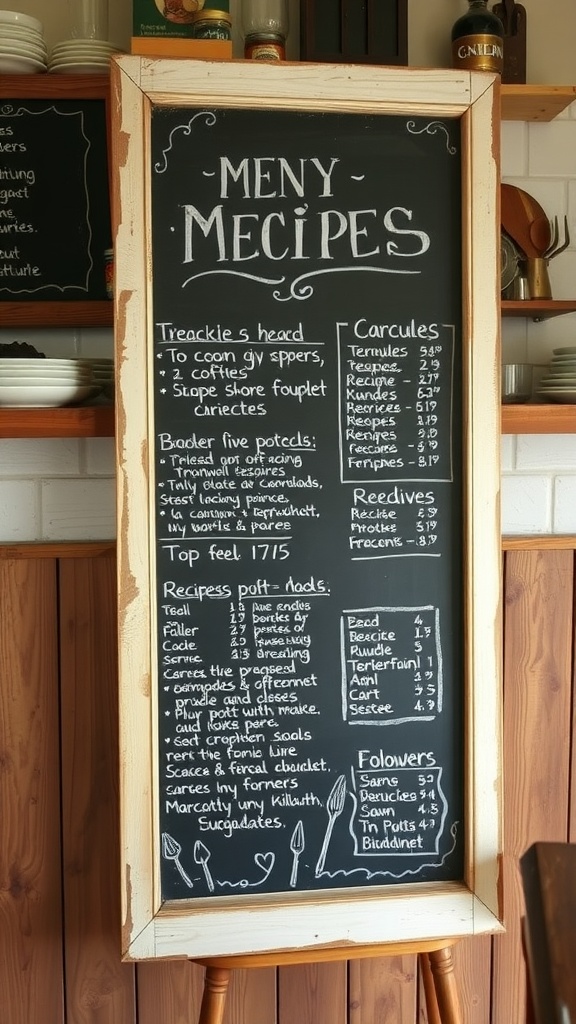 A chalkboard menu board made from an old window frame, displaying food items and prices in a cozy setting.