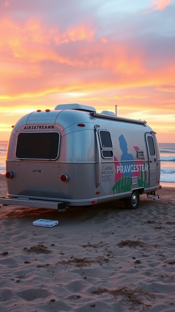 A stylish Airstream trailer parked on a beach at sunset, showcasing vibrant colors and a cozy coastal vibe.