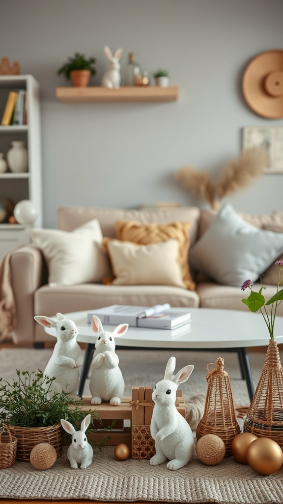 A cozy living room with white bunny figurines, greenery, and decorative elements