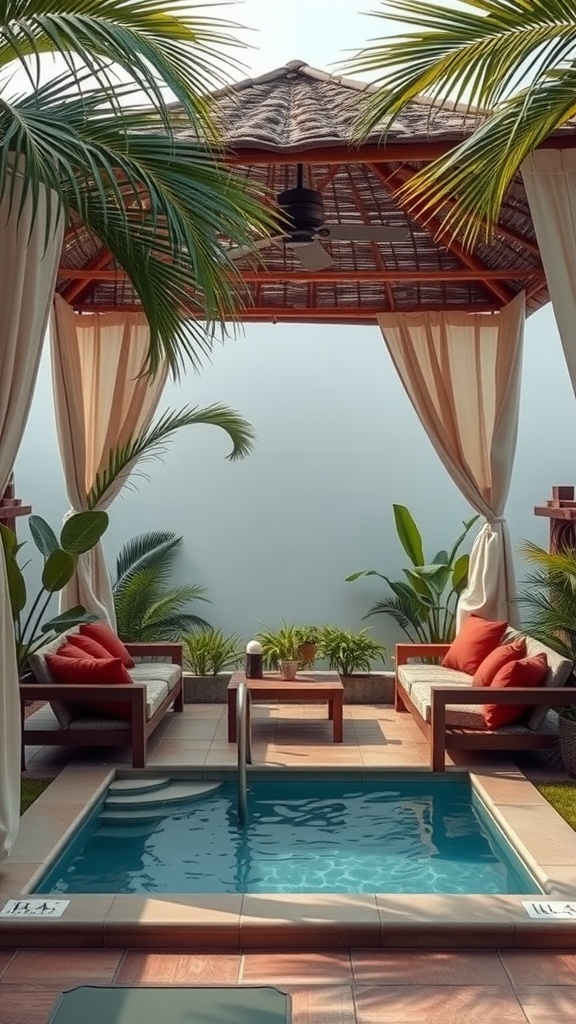 Cozy cabana retreat with seating and small pool surrounded by greenery.