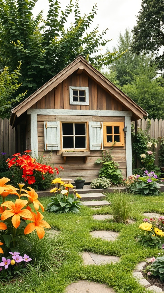 Charming cottage-style chicken coop surrounded by flowers and greenery.