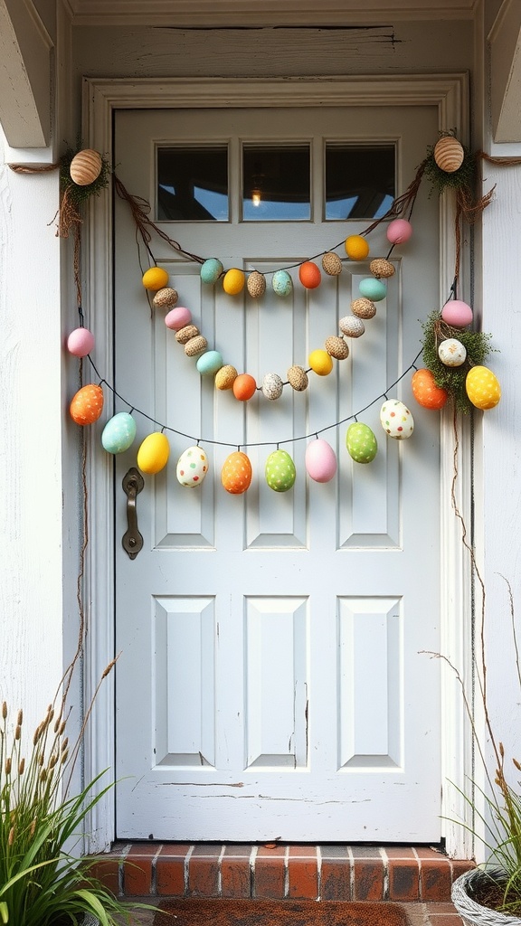 Colorful easter egg garland hanging on a front door