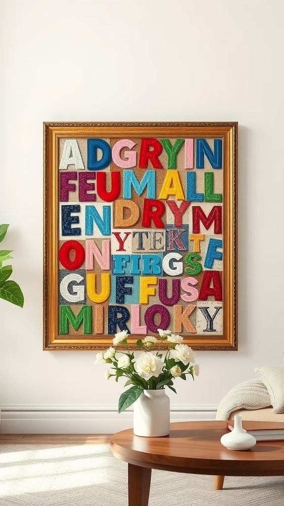 Colorful fabric collage wall art with various letters framed on a wall