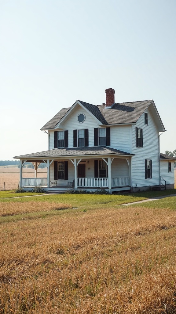 A two-story charming farmhouse with a wraparound porch in a field.