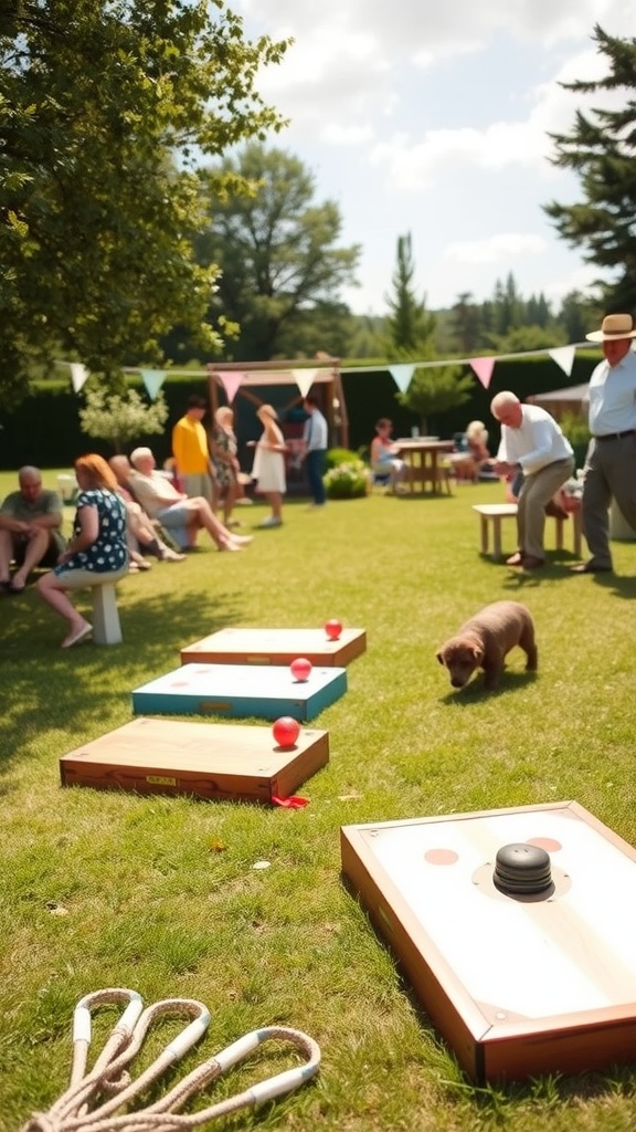 A sunny garden setting with people enjoying a tea party and playing games.