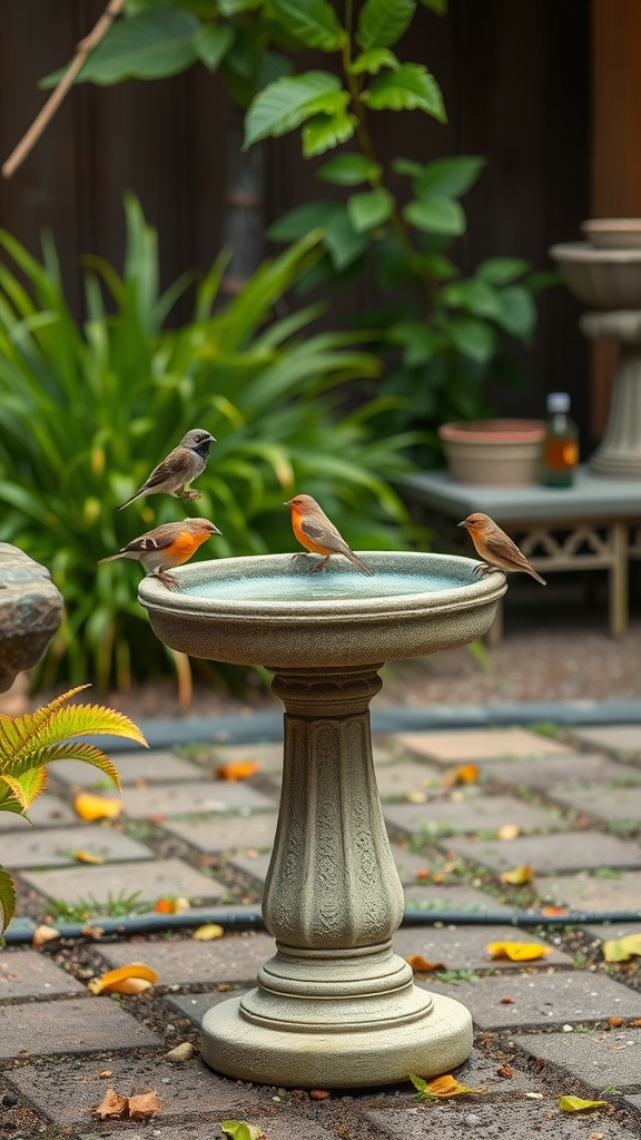 A charming hypertufa birdbath surrounded by birds and greenery.