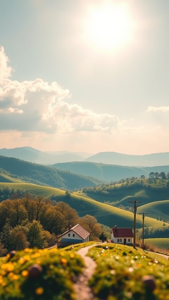 Miniature landscape with houses and rolling hills under a bright sky