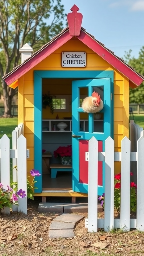 A charming painted chicken coop with a colorful design and a wooden fence.