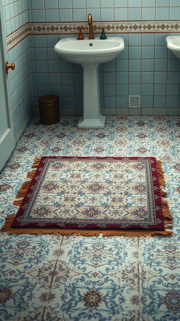 A vintage bathroom with charming patterned tiles and a simple sink