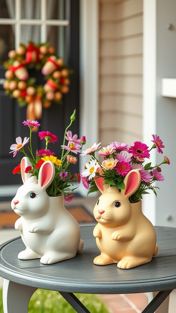 Two rabbit planters with flowers on a small table on a porch