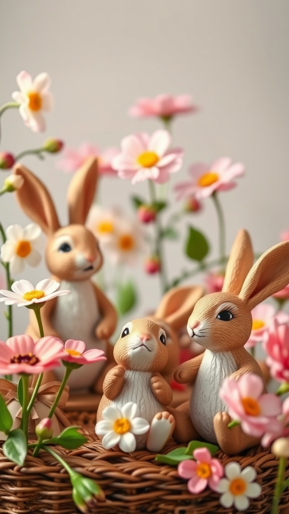 Vintage bunny figurines surrounded by flowers in a nest