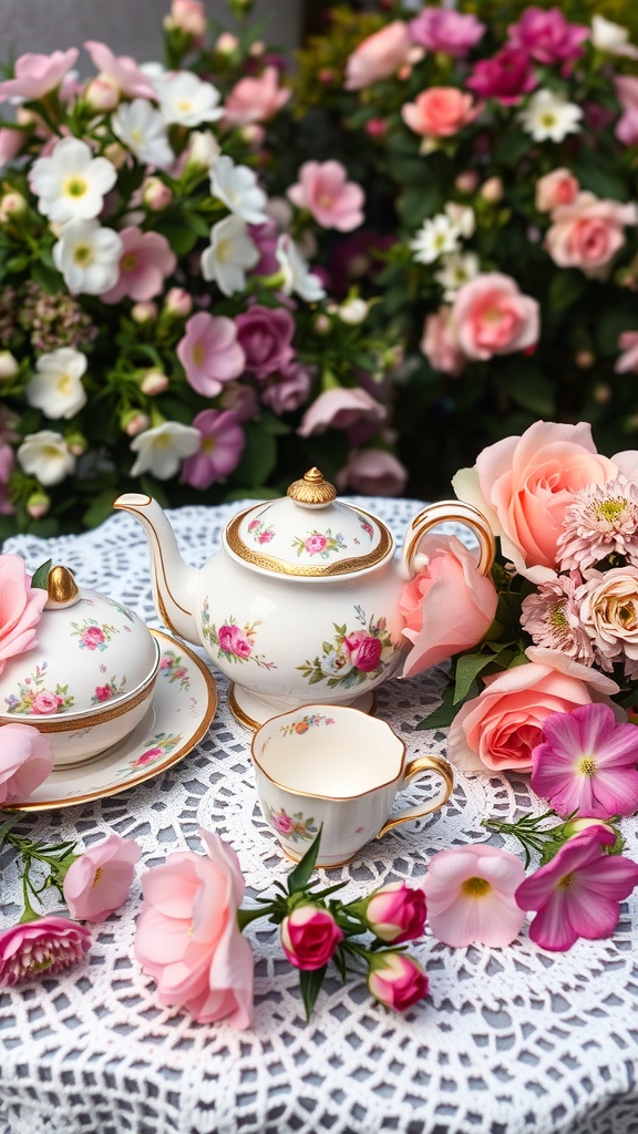 A vintage tea set with floral patterns surrounded by flowers on a lace tablecloth.