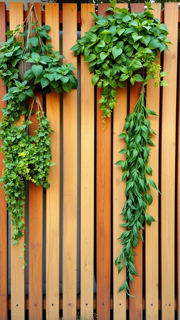 A charming wooden slat fence adorned with hanging plants.