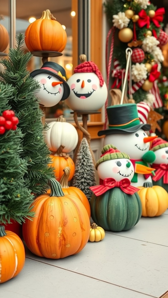 Colorful painted pumpkins and snowmen as seasonal decor.