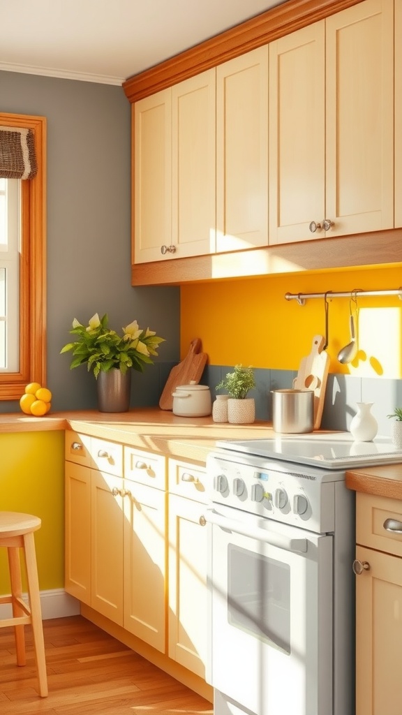 A kitchen with yellow and gray two-toned walls, featuring a chair rail.