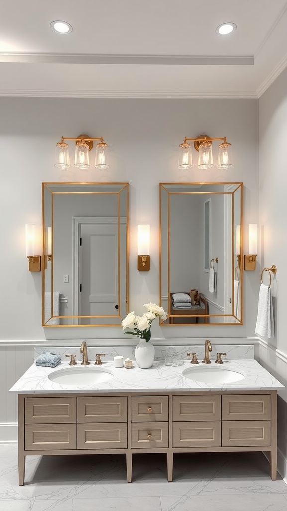 Chic double vanity with wooden finish, white marble countertop, and elegant mirrors