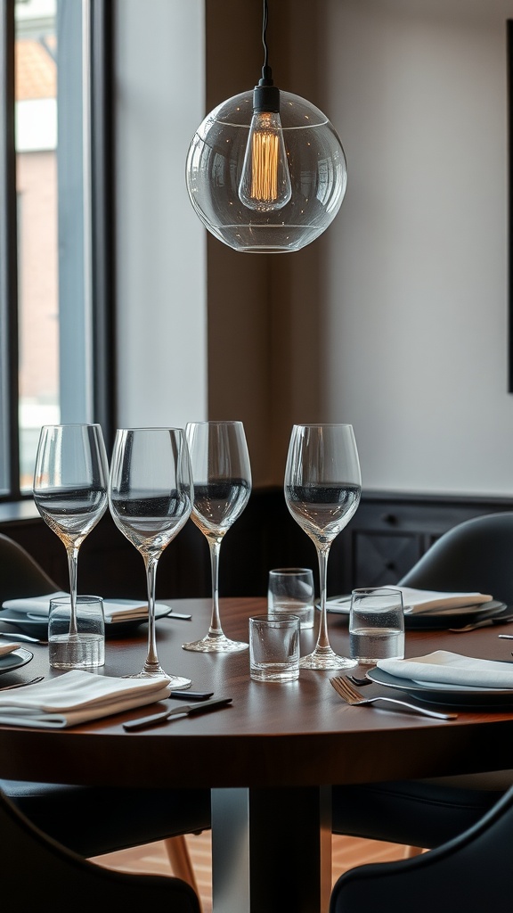 A modern dining table set with elegant glassware and stylish decor.