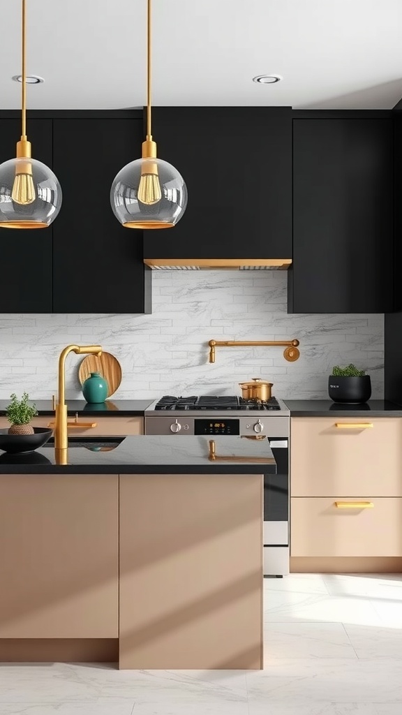 A modern kitchen featuring black countertops, gold accents, and stylish lighting.