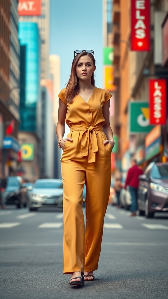 A woman walking confidently in a yellow belted jumpsuit on a city street.