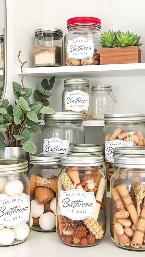 Mason jars used for bathroom storage with decorative labels.