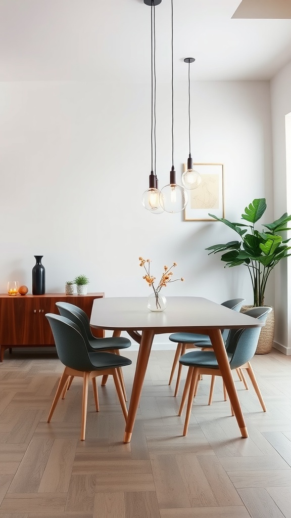 A modern dining room featuring stylish pendant lights above a white table with wooden chairs.