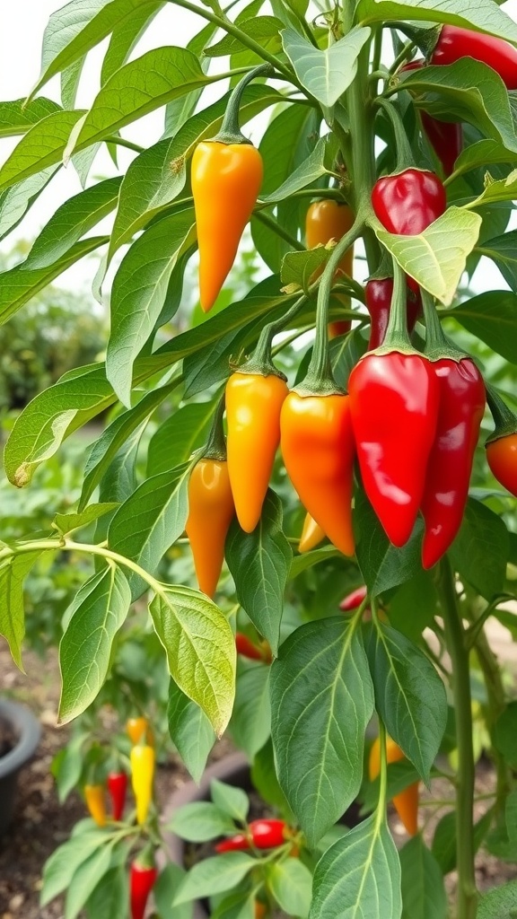 Assorted chili peppers growing on a plant, showcasing red, yellow, and orange colors.