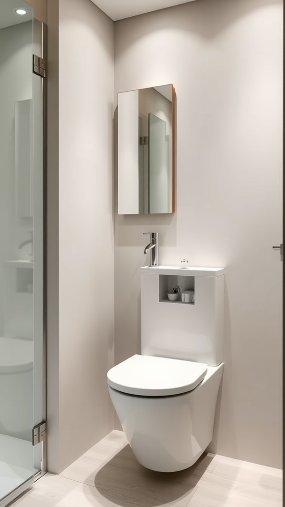 Modern small bathroom featuring space-saving fixtures including a wall-mounted toilet and a sleek mirror.