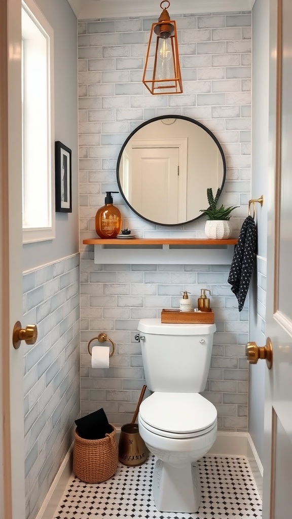 Compact bathroom with stylish accessories including a round mirror, pendant light, and shelf above the toilet