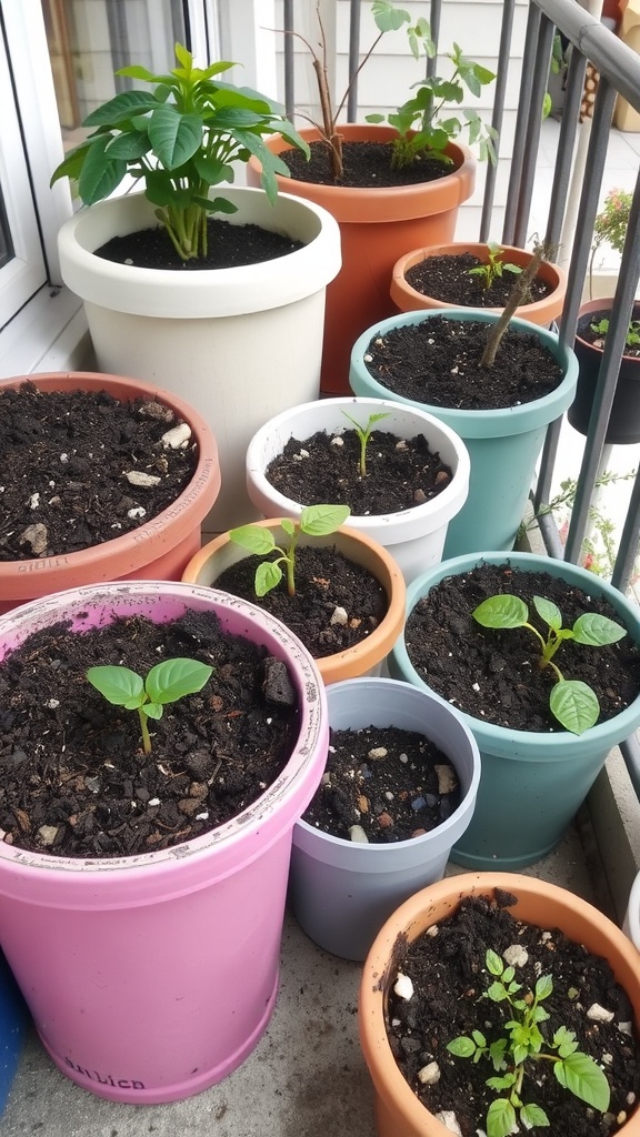 A variety of colorful pots with plants, showcasing different sizes and types of containers.