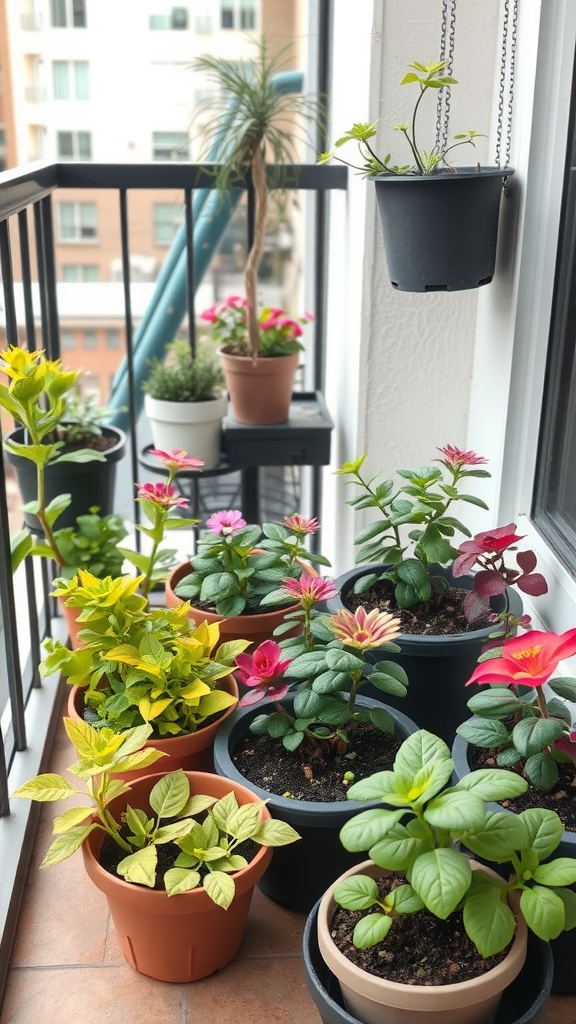 Colorful container garden with various plants on a balcony.