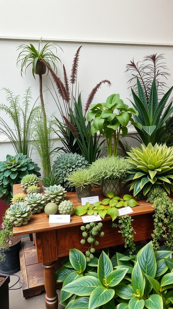 A variety of plants displayed on a wooden table, showcasing different species and textures.