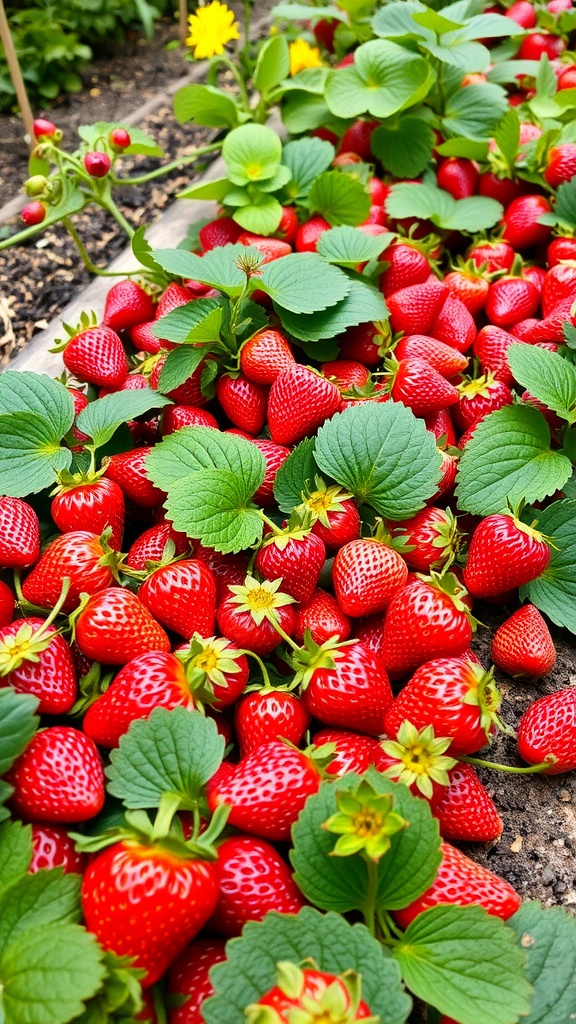 A close-up of ripe strawberries surrounded by green leaves in a garden.