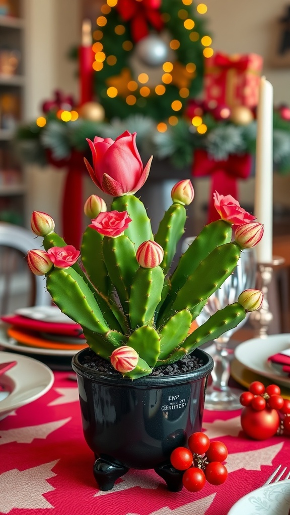 A Christmas cactus with pink flowers in a black pot, set against a festive holiday background.