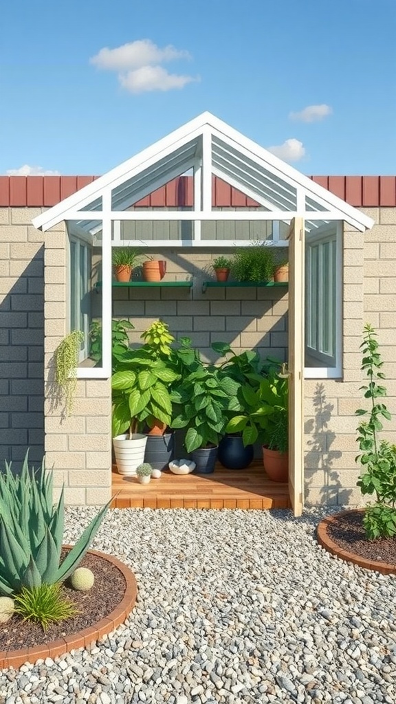 A mini greenhouse with cinder block walls, showcasing a variety of potted plants.