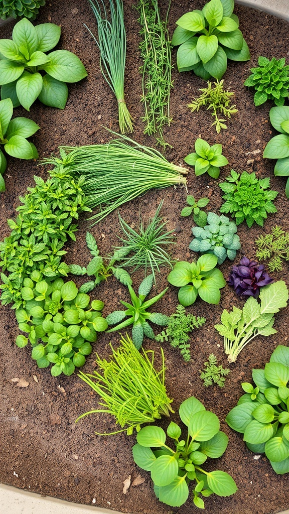 A circular arrangement of various herbs in a garden bed.