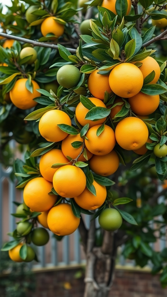 A close-up of a citrus tree with ripe oranges and green limes, showcasing fruit diversity.