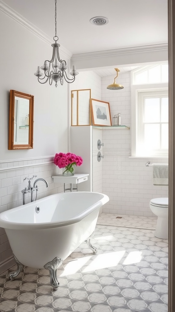 A vintage bathroom featuring a freestanding clawfoot bathtub, elegant chandelier, and modern shower.