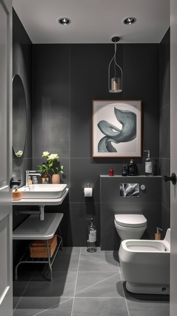 A modern bathroom featuring charcoal gray walls, a sleek sink, and stylish decor.