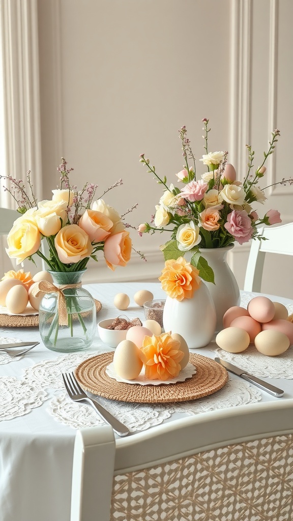 A beautifully decorated Easter table featuring pastel flowers, eggs, and elegant tableware.