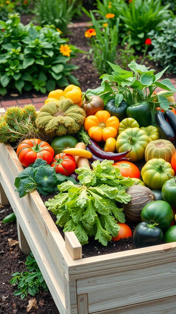 A raised garden bed filled with colorful vegetables like tomatoes, peppers, and greens, surrounded by blooming flowers.