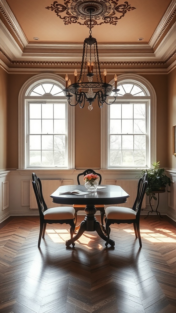 A dining area featuring classic wainscoting with a chandelier and large windows.